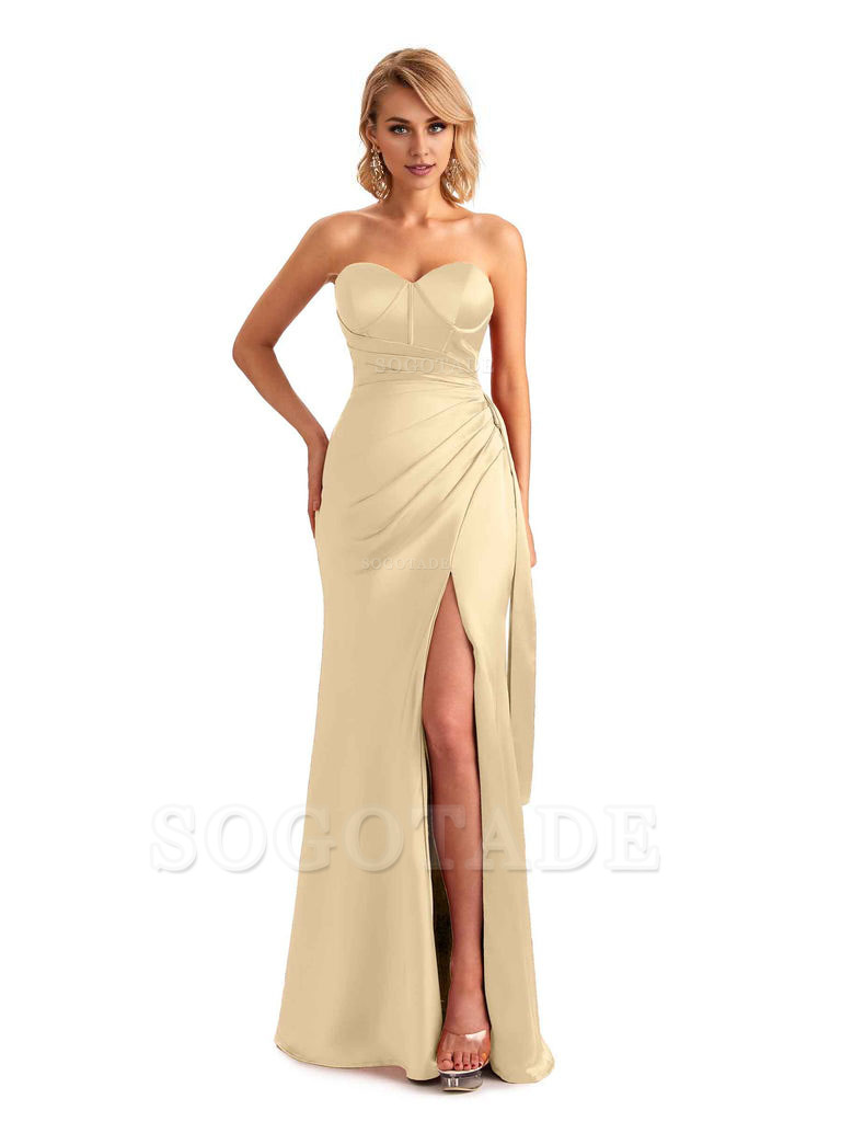 Sexy Side Slit Strapless Mermaid Soft Satin Unique Long Bridesmaid Dress For Wedding