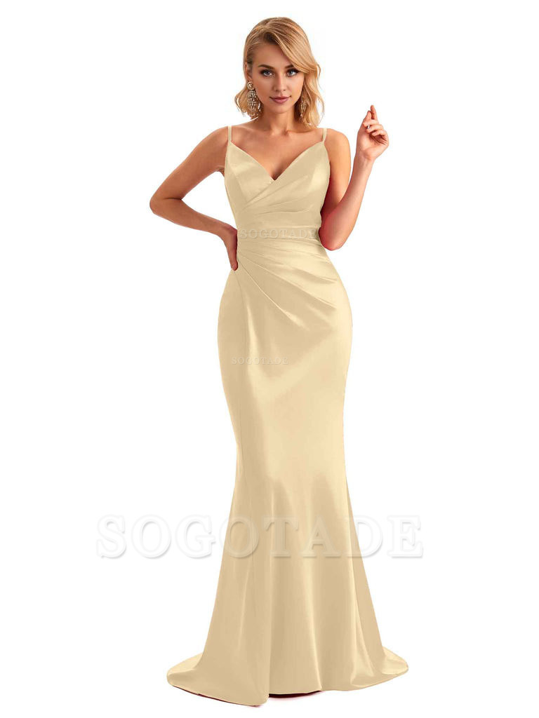 Sexy Backless Mermaid Spaghetti Straps Unique Long Formal Satin Dress For Women