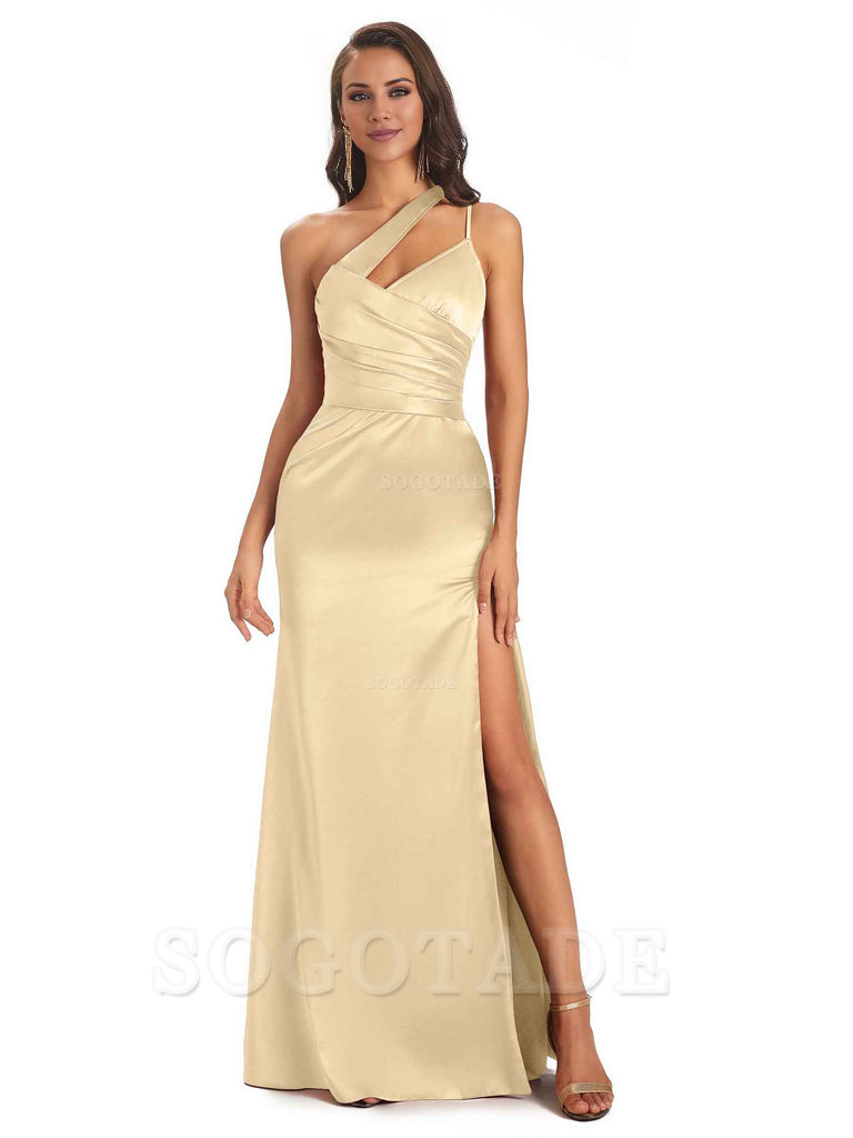 Elegant Soft Satin Side Slit One Shoulder Floor-Length Maxi Bridesmaid Dresses Evening Party Dress