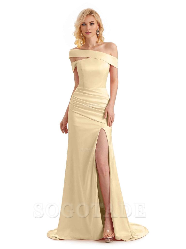 Elegant Asymmetrical Unique Soft Satin Side Slit Long Mermaid Bridesmaid Dresses Charming Evening Party Dress