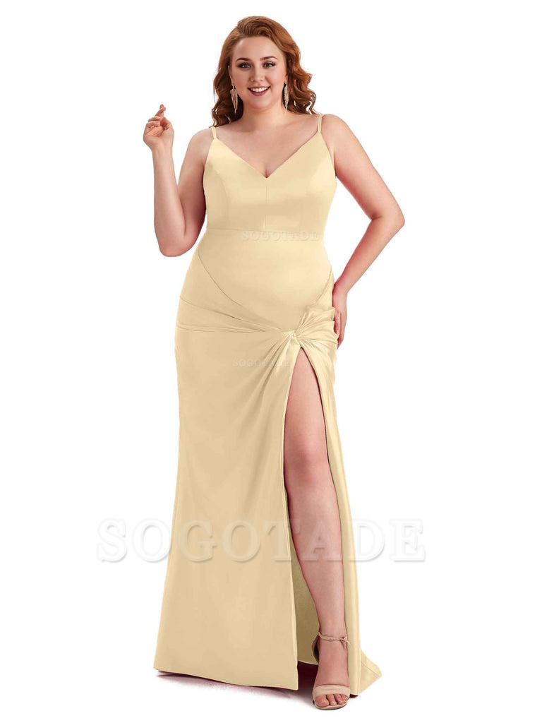 Sexy Spaghetti Straps V-neck Side Slit Mermaid Soft Satin Long Plus Size Bridesmaid Dress