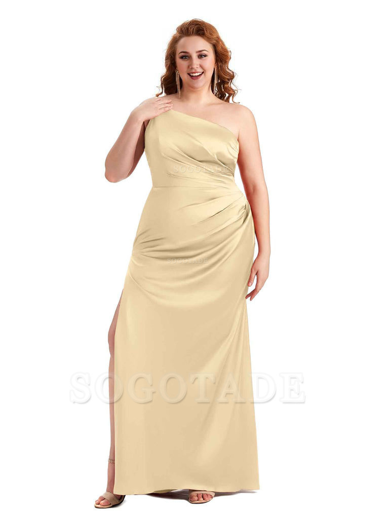 Sexy Side Slit One Shoulder Mermaid Soft Satin Long Plus Size Maid of Honour Dresses