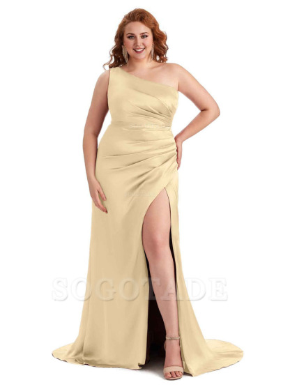 Sexy One Shoulder Side Slit Mermaid Soft Satin Long Plus Size Maid of Honor Dress For Wedding