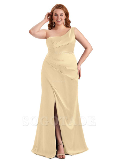 Sexy Side Slit One Shoulder Mermaid Long Plus Size Satin Maxi Dresses