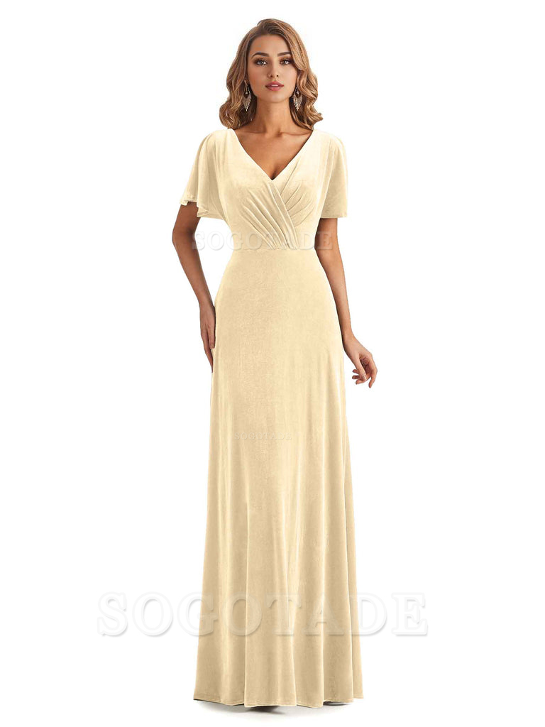 Elegant Mermaid V-neck Short Sleeves Unique Velvet Long Bridesmaid Dresses