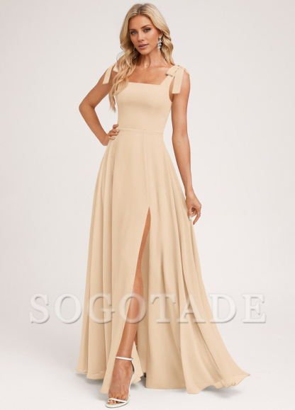 A-shaped square bow landing chiffon bridesmaid dress