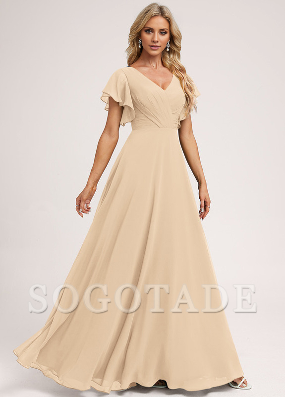 Ruffle A-line V-neck and floor chiffon bridesmaid dress