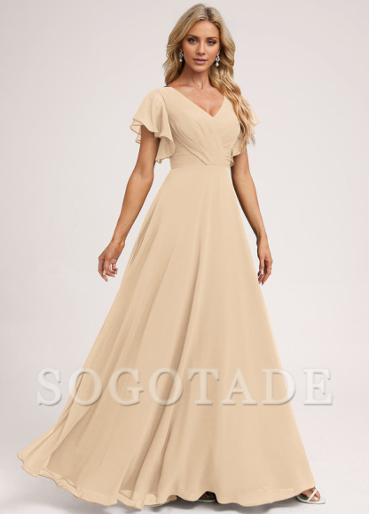 Ruffle A-line V-neck and floor chiffon bridesmaid dress