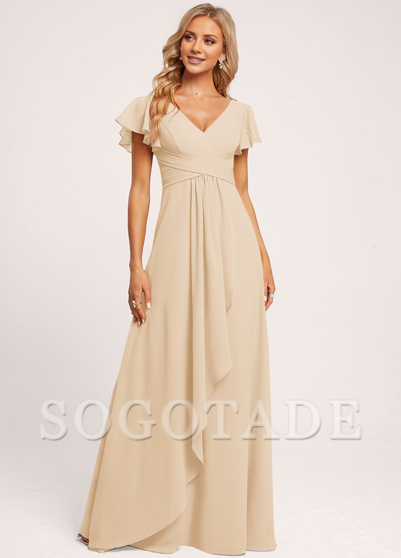 Ruffle A-line V-neck and floor chiffon bridesmaid dress