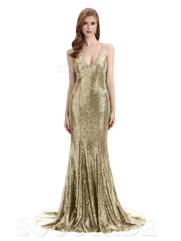 Deep V Neck Sexy Spaghetti Strap Backless Sequins Floor-Length Bridesmaid Dresses Bridesmaid Dresses Formal Women's Dresses Wedding Guest Dresses