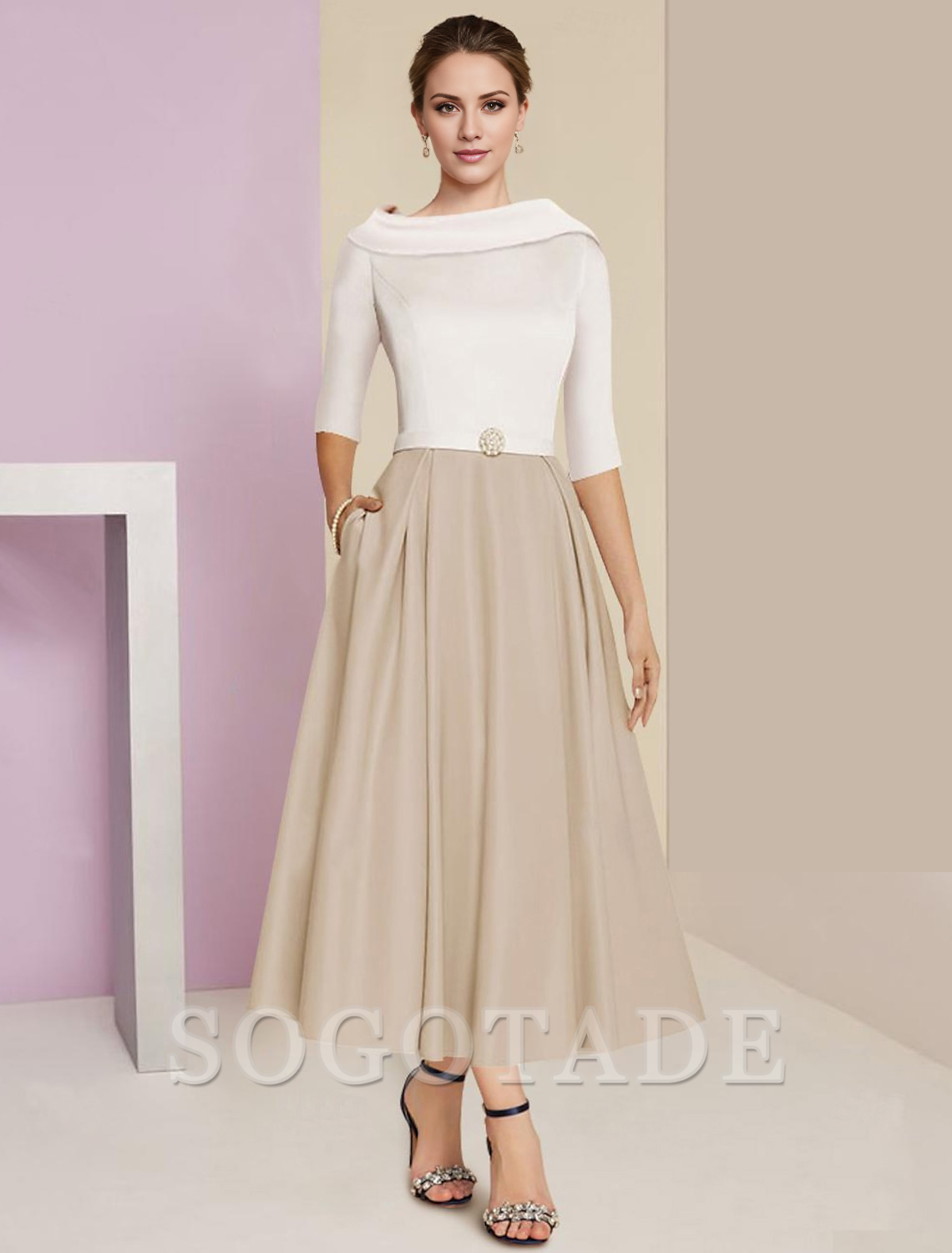 A-Line Mother of the Bride Dress Wedding Guest Elegant Vintage Jewel Neck Tea Length Charmeuse Half Sleeve with Pleats Crystals