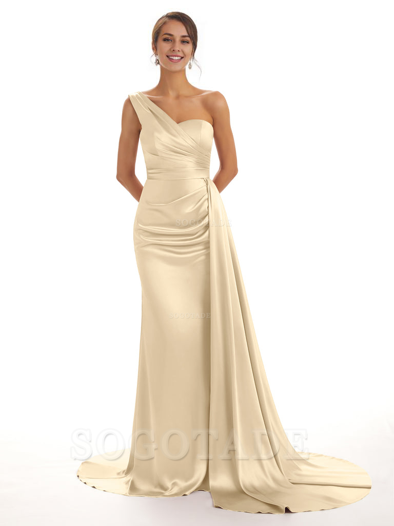 Elegant One Shoulder Soft Satin Unique Mermaid Long Bridesmaid Dresses Online prom dresses shops