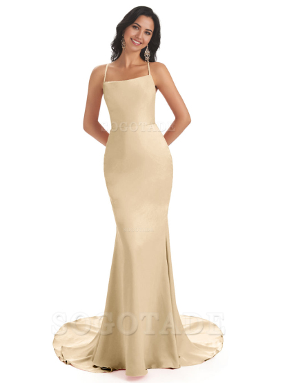 Mermaid Spaghetti Backless Straps Satin Long formal dresses evening gown Bridesmaid Dresses