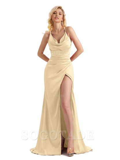 Sheath Cowl Neck Satin formal dresses evening gown Bridesmaid Dresses With Side Slit 