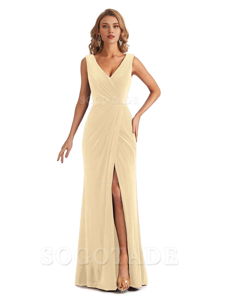 Sexy Deep V-Neck Sheath Velvet Side Slit Long Elegant Bridesmaid Dresses Formal Women's Dresses Wedding Guests Dresses