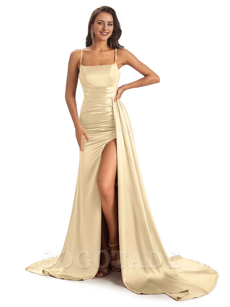 Sexy Soft Satin Side Slit Spaghetti Straps Long Mermaid Bridesmaid Dresses Online prom shop dresses ﻿