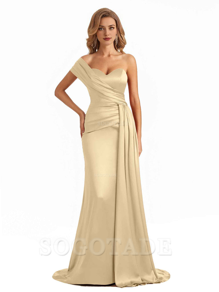 Elegant One Shoulder Soft Satin Long Mermaid Bridesmaid Dresses Online prom shop dresses ﻿