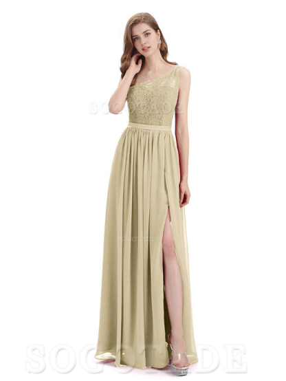 A-Line One Shoulder Top Lace Floor-Length Elegant Adoration Bridesmaid Dresses Formal Women's Dresses Wedding Guests Dresses