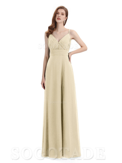 Chiffon V-Neck Spaghetti Strap Floor-Length Side Fork Long Bridesmaid Dresses Formal Women's Dresses Wedding Guests Dresses
