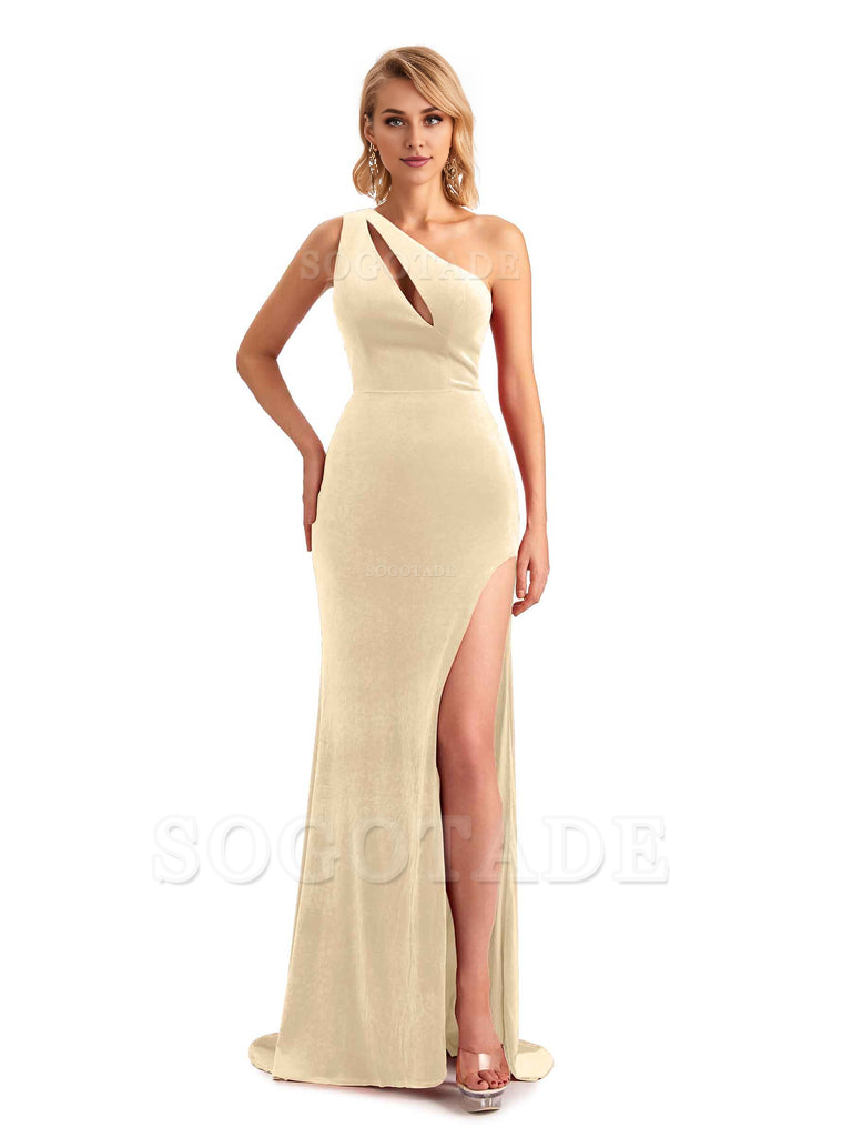 Sexy Sleeveless Floor Length Mermaid One Shoulder Side Slit Velvet Long Bridesmaid Dresses