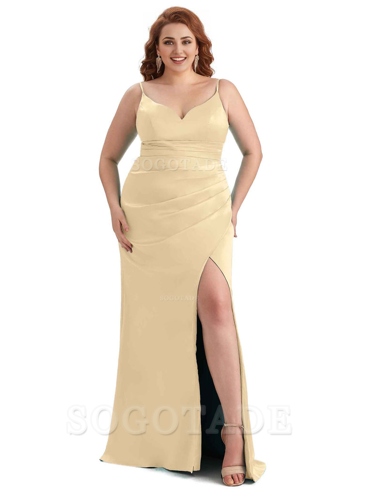 Sexy Side Slit Spaghetti Straps Mermaid Soft Satin Long Plus Size Maid of Honor Dresses