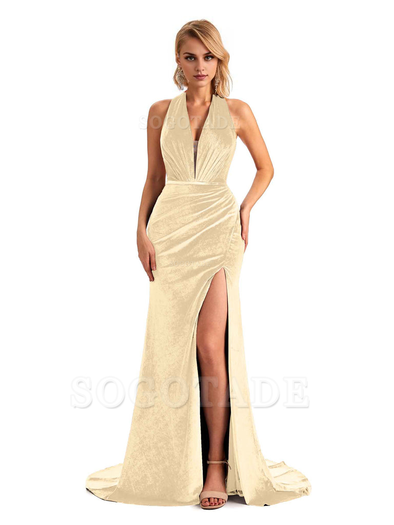 Sexy Deep V Neck Backless Mermaid Halter Side Slit Velvet Long Bridesmaid Dresses Online