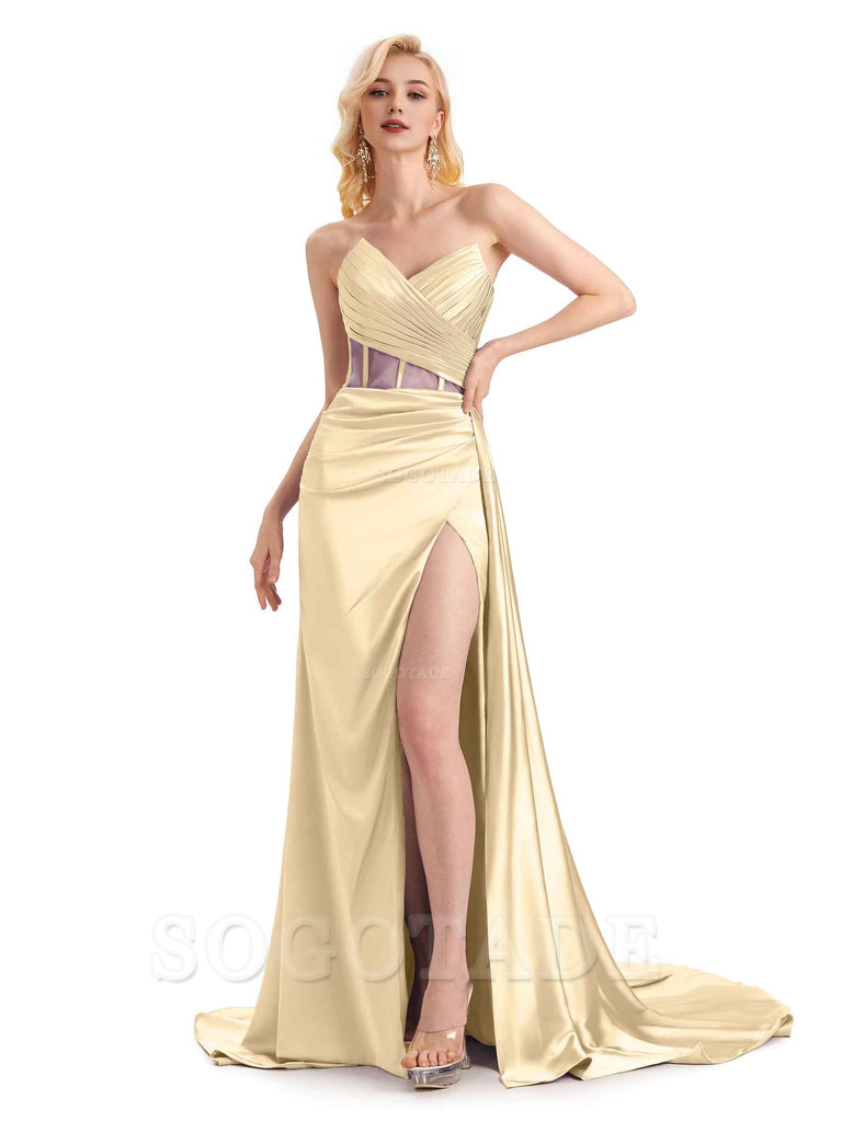 Sexy Soft Satin Side Slit See Through Floor-Length Long Mermaid Brides