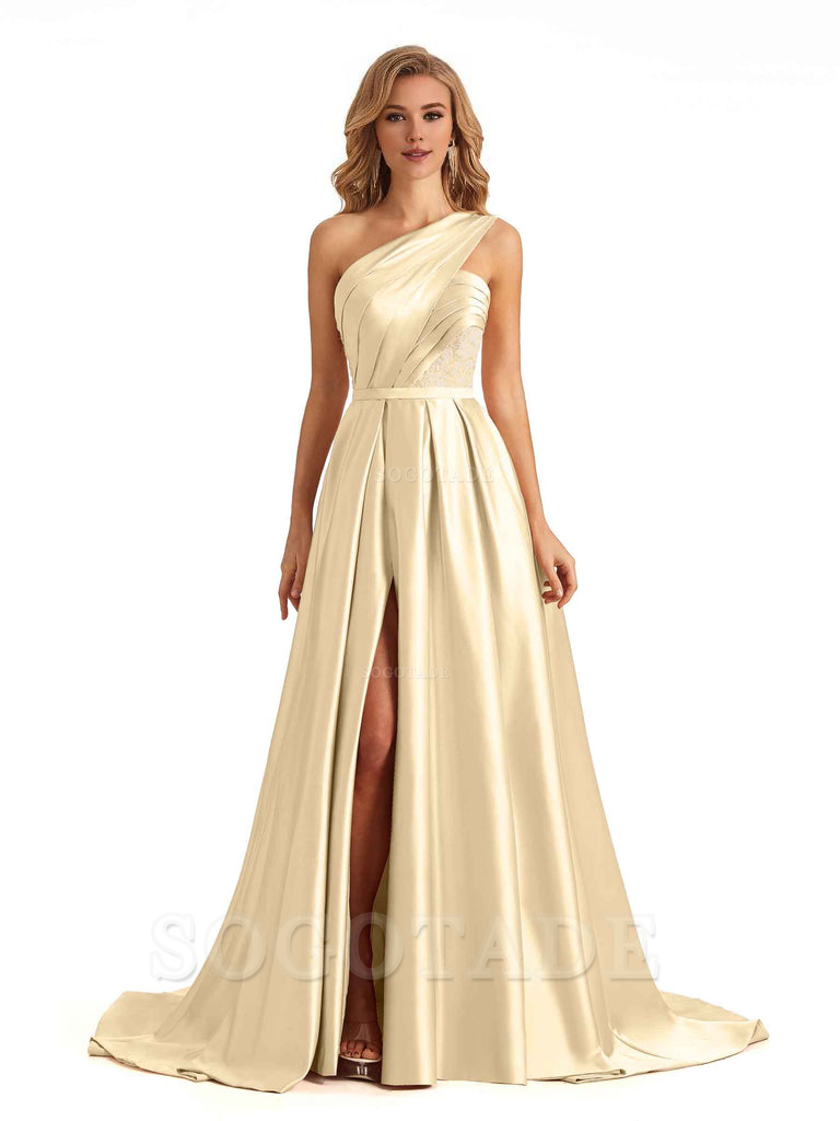Sexy Side Slit One Shoulder A-Line Soft Satin Long Bridesmaid Dresses Online prom dress in store