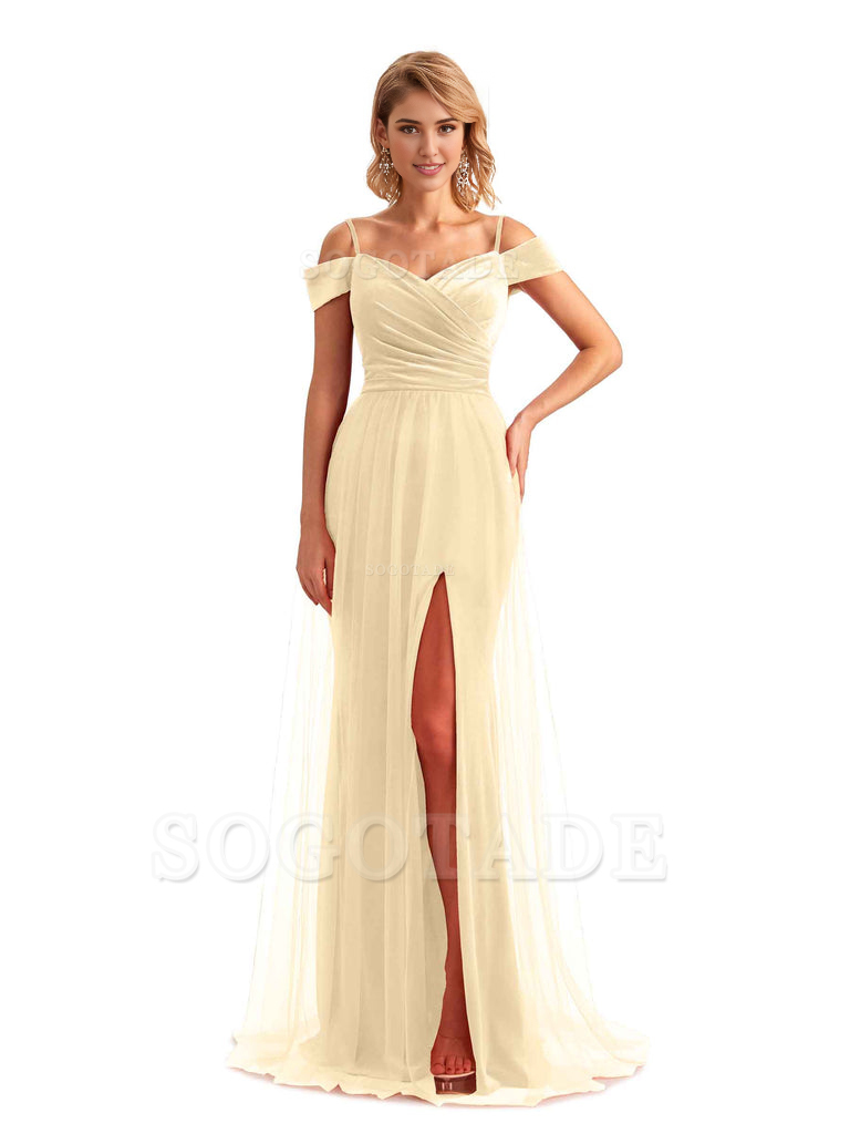 Elegant Mermaid Spaghetti Straps Floor Length Cold Shoulder Side Slit Tulle Velvet Long Bridesmaid Dresses