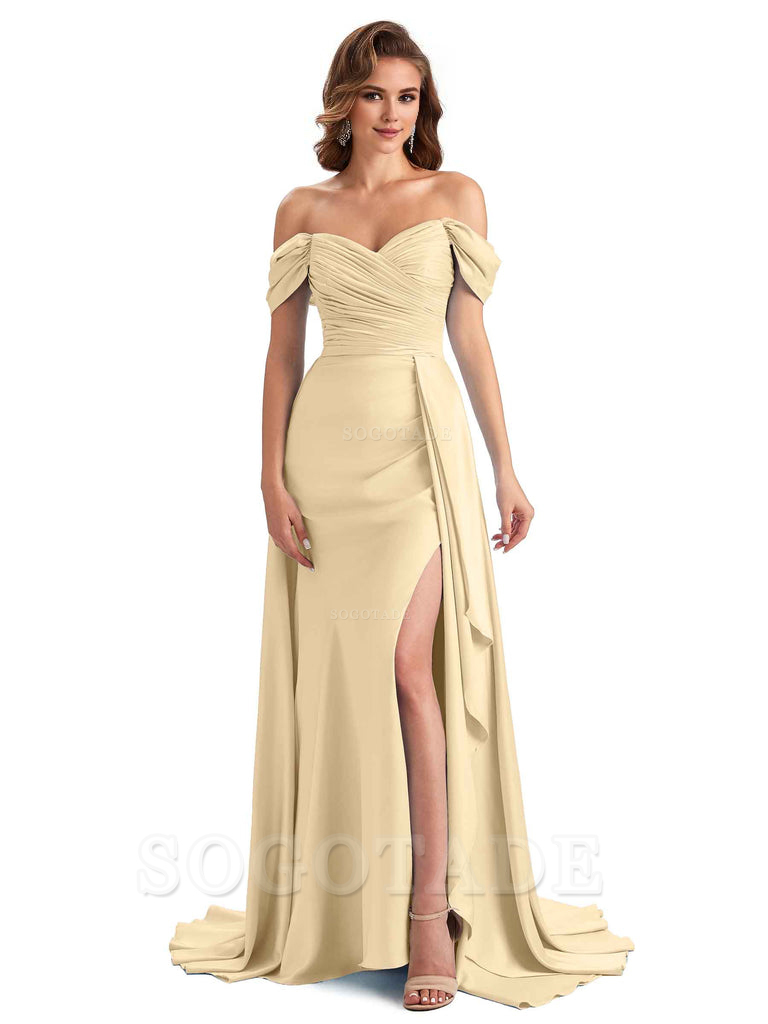 Sexy Side Slit Mermaid Soft Satin Off The Shoulder Long Unique Bridesmaid Dresses prom dress in store