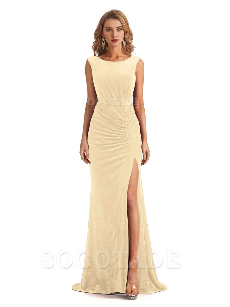 Sexy Open Back Mermaid Velvet Jewel High Split Maxi Long Bridesmaid Dresses Online