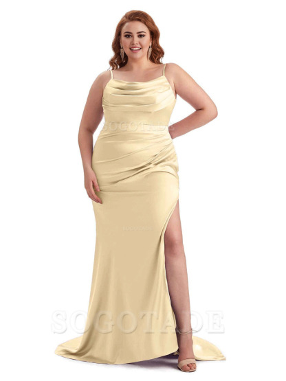 Sexy Jewel Side Slit Mermaid Soft Satin Long Plus Size Bridesmaid Dress For Wedding