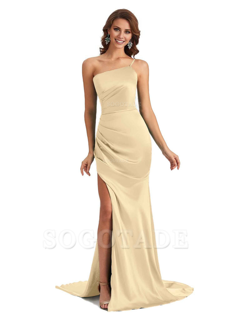 Sexy Silky Satin Side Slit One Shoulder Unique Long Wedding Guest Maxi Dresses