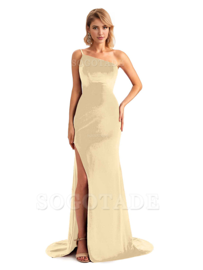 Sexy Side Slit Mermaid Spaghetti Straps One Shoulder Formal Velvet Long Bridesmaid Dresses