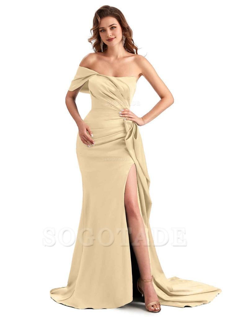 Sexy Side Slit Mermaid Silky Satin One Shoulder Chic Long Maid Of Honor Dresses