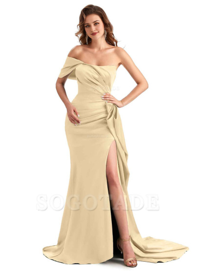 Sexy Side Slit Mermaid Silky Satin One Shoulder Chic Long Maid Of Honor Dresses