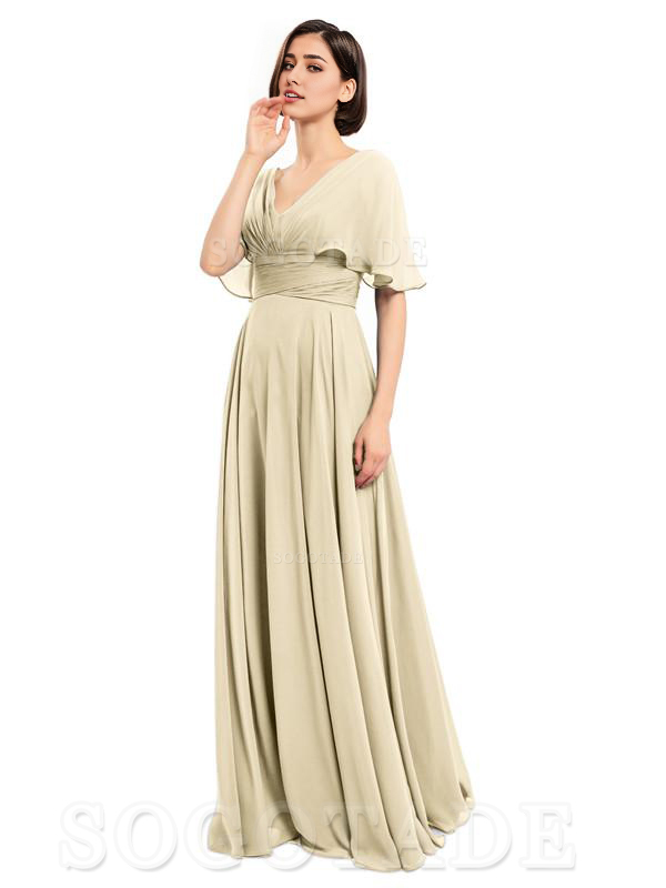  V-Neck Cap Sleeves Sleeves Chiffon Long Elegant Bridesmaid Dresses Formal Wear Dresses