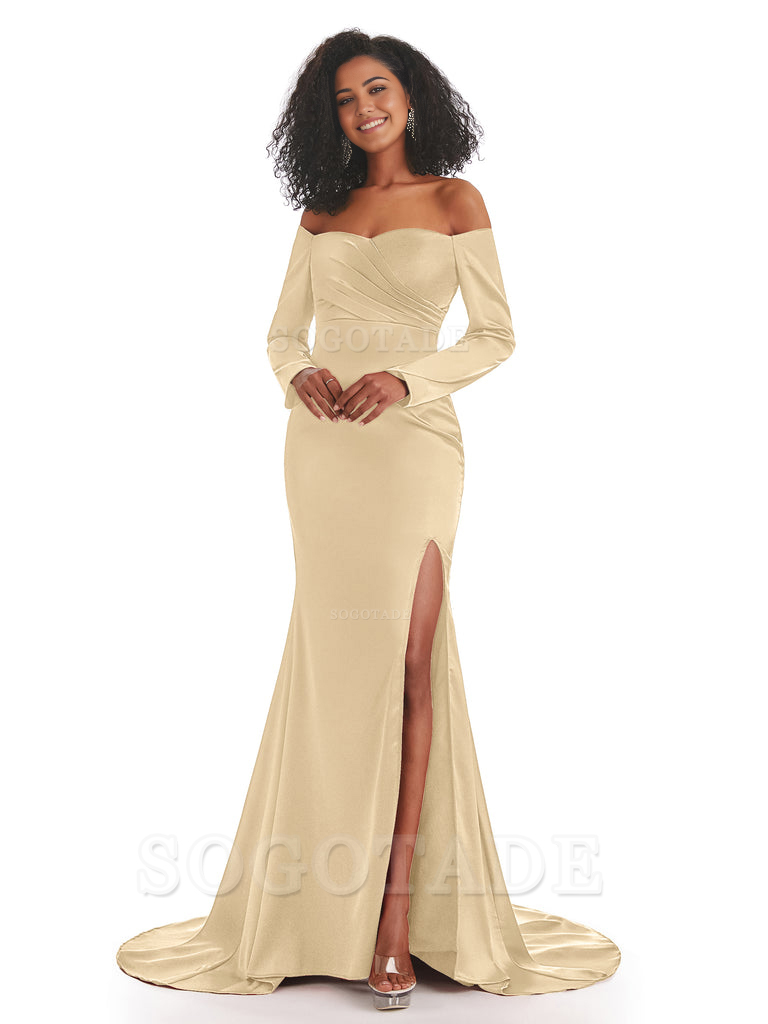 Mermaid Long Sleeve Satin formal dresses evening gown Bridesmaid Dresses With Side Slit 