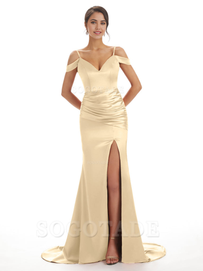Mermaid Off The Shoulder Satin formal dresses evening gown Bridesmaid Dresses With Side Slit 