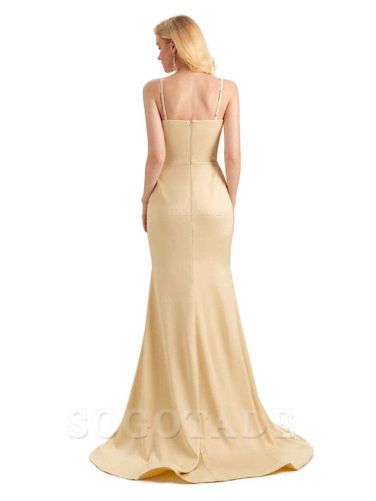 Sexy Side Slit Mermaid Spaghetti Straps Long Satin Bridesmaid Dresses Elegant Evening Party Dress