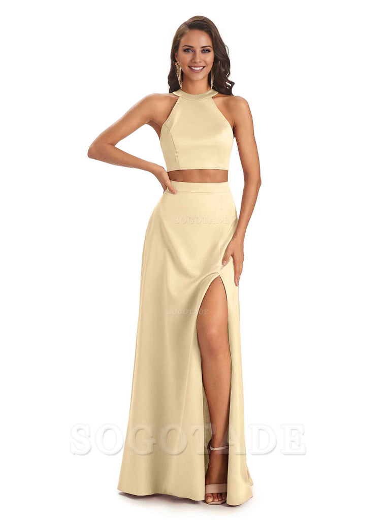 Soft Satin Two-Pieces Halter Side Slit Sexy Fashion Bridesmaid Dresses Charming Evening Party Dress