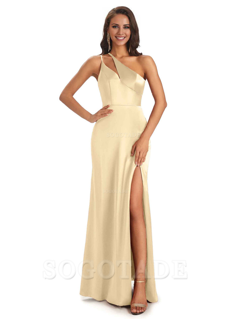 Sexy Soft Satin Side Slit One Shoulder Floor-Length Mermaid Long Bridesmaid Dresses Elegant Evening Party Dress