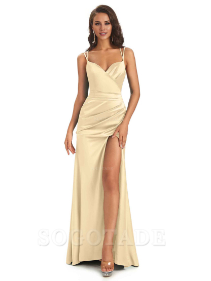 Sexy Soft Satin Side Slit Spaghetti Straps Long Maxi Mermaid Bridesmaid Dresses Elegant Evening Party Dress