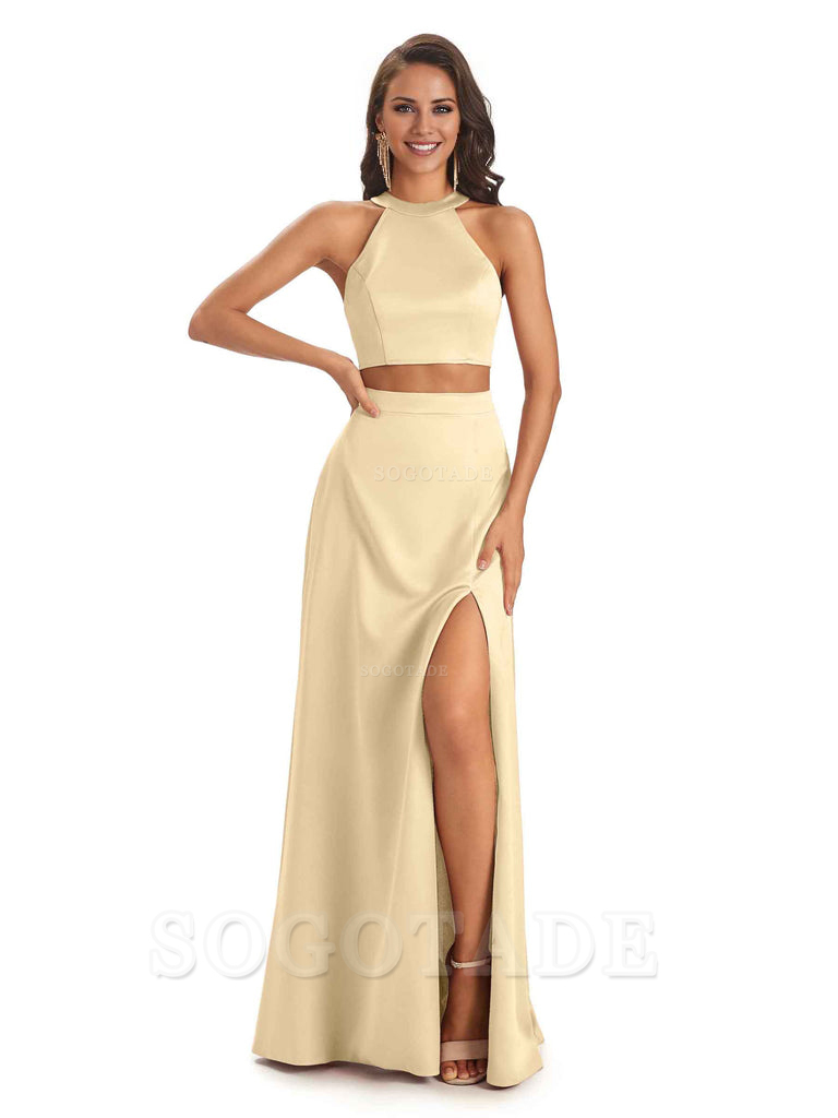 Soft Satin Two-Pieces Halter Side Slit Sexy Fashion Bridesmaid Dresses Charming Evening Party Dress