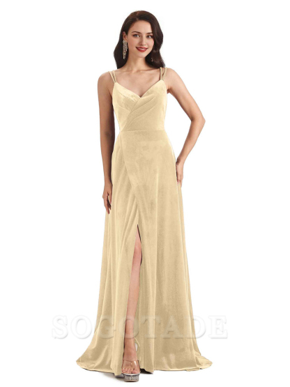 Sexy Velvet Long Bridesmaid Dresses Spaghetti Straps Open Back with Side Slit