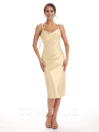Tea Length Midi Short Bridesmaid Dresses Spaghetti Straps Satin Elegant Evening Party Dress