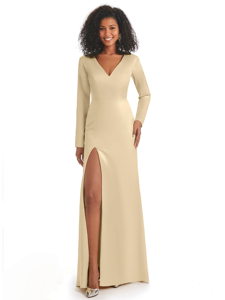 Soft Satin Side Slit Long Sleeves V-Neck Long African Mermaid Bridesmaid Dresses Elegant Evening Party Dress