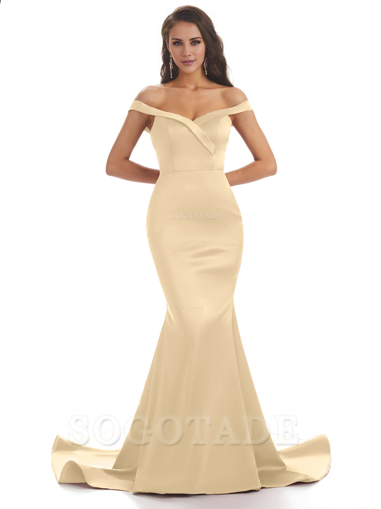 Elegant Off The Shoulder Soft Satin Mermaid Long Bridesmaid Dresses Charming Evening Party Dress