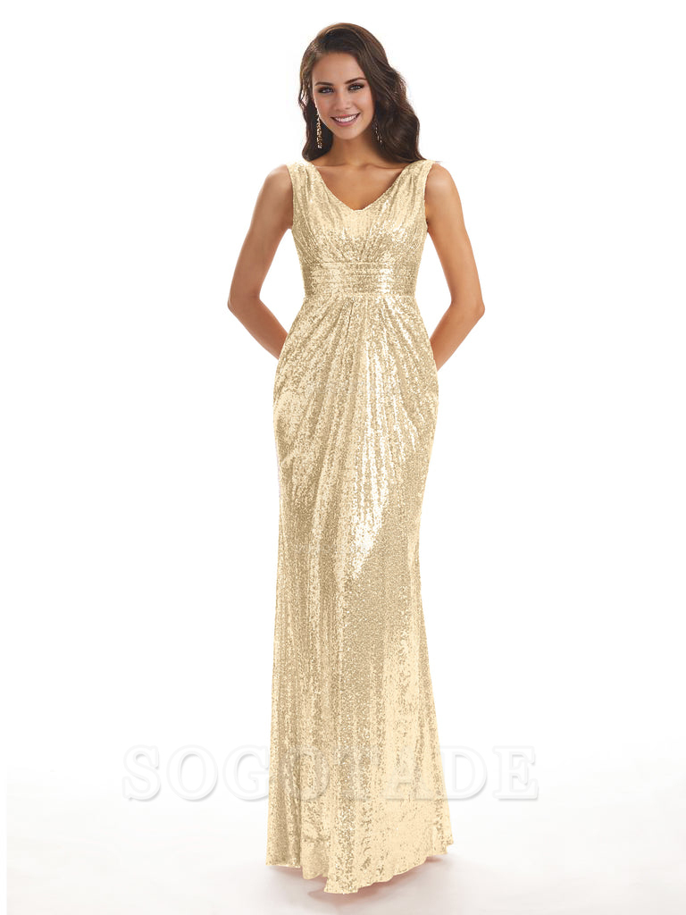 Sparkly V-Neck Sequin Long Mermaid Bridesmaid Dresses Sleeveless Charming Evening Party Dress