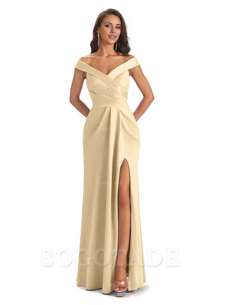 Sexy Soft Side Slit Off Shoulder V-Neck Long Satin Ladies Bridesmaid Dresses Elegant Evening Party Dress